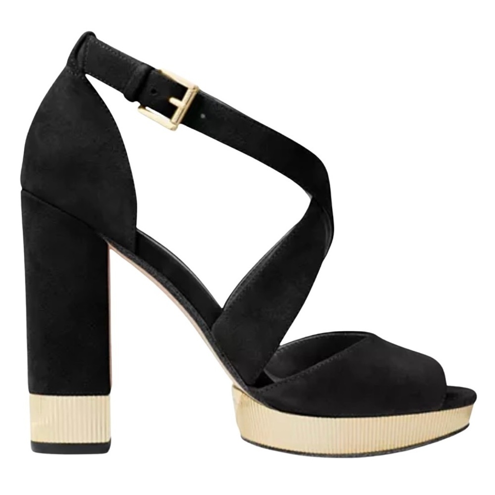 MICHAEL By Michael Kors 8 Valerie Metallic Gold & Black Suede Platform Sandals - Picture 2 of 5